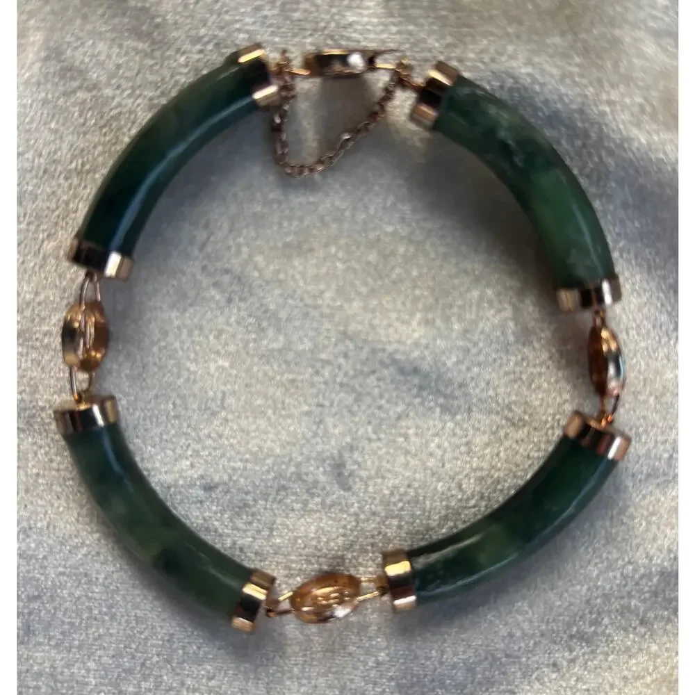 Vintage Jade Bracelet 4 Lucky Wishes Green Nephrite Gold Tone Bangle 7.5